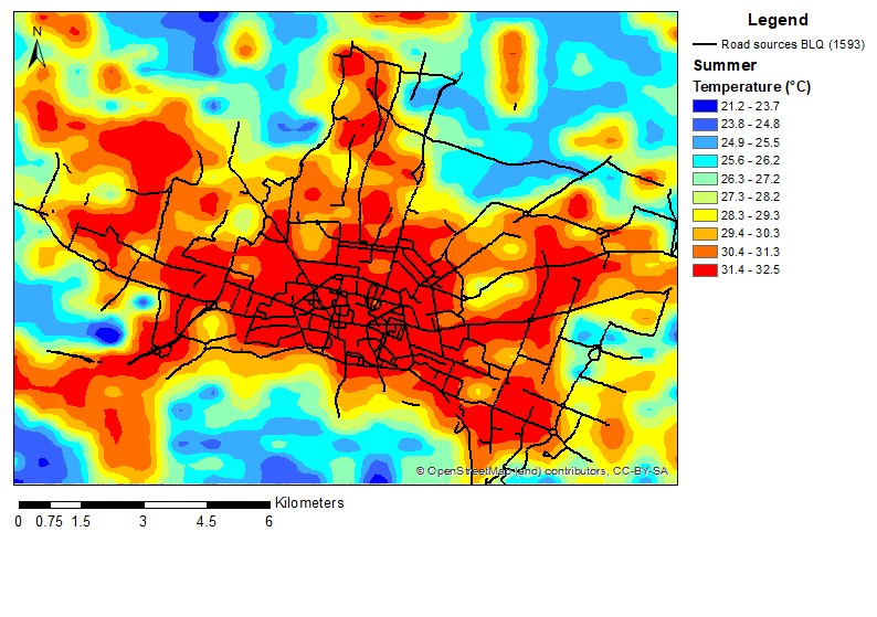 Mappa della temperatura della città di Bologna, media estiva, anno 2017