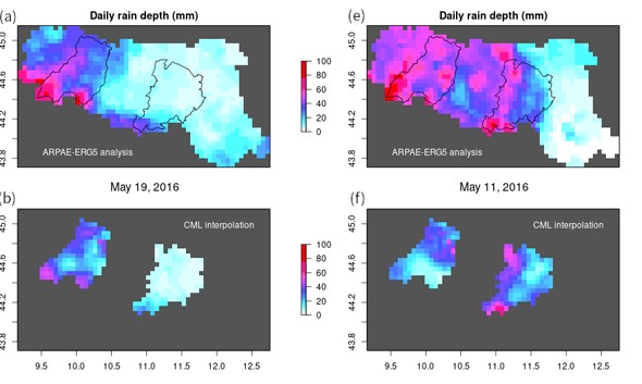 Confronto tra stime di precipitazione da collegamenti commerciali  (b, f) e campi di riferimento (a, e) (Roversi et al., 2020)
