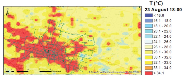 Mappa di temperatura dell’aria simulata nella città di Bologna alla quota di 3m il 23 Agosto 2017 alle ore 18:00 UTC.